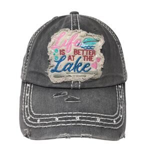 Life Is Better At The Lake Strapback Hat Gray One Size Rhinestone KB ETHOS